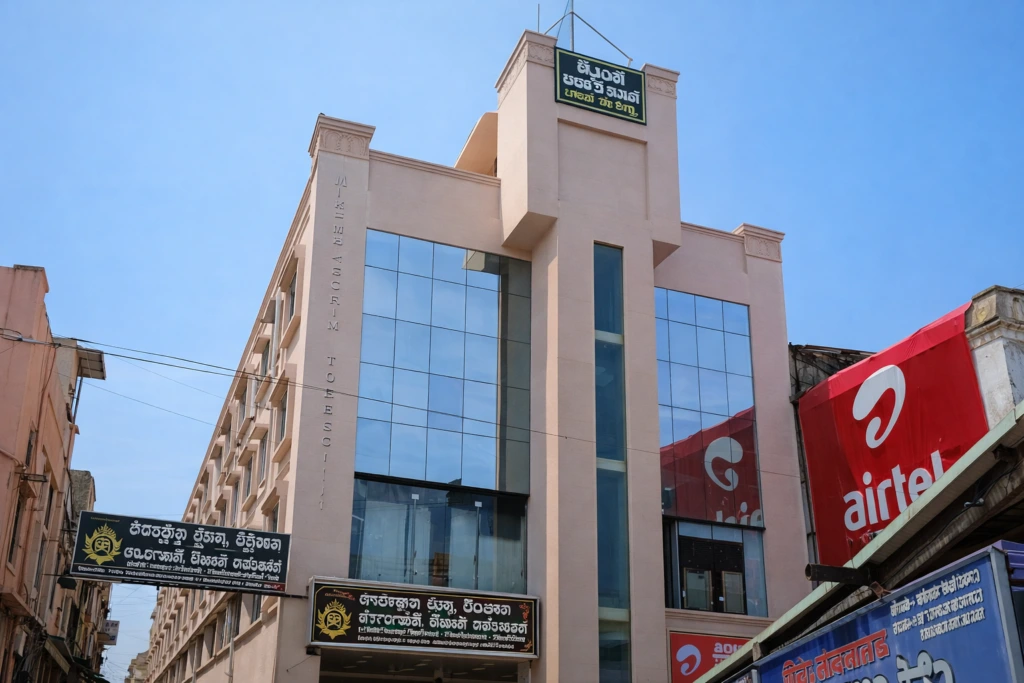Exterior view of Nilachala Bhakta & Yatri Nivas, a comfortable pilgrim accommodation near a temple area, featuring a welcoming entrance, traditional architecture, and a peaceful stay environment for भक्त (devotees) and यात्रियों (travelers).
